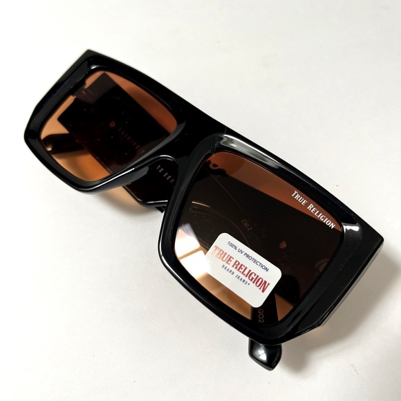 New Original TRUE RELIGION Square Sunglasses Black Acetate Wide Leg Orange Lens - Picture 6 of 6